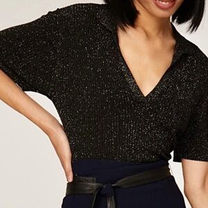 SAMSOE Carey Metallic Knit Collared Top, NEW